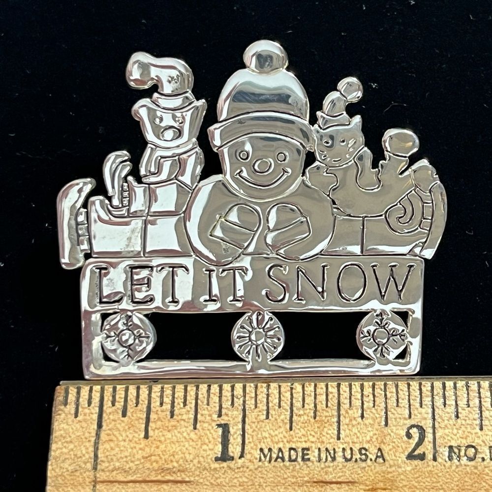 Let It Snow Brooch Pin Pendant Snowman Silvertone Festive - Picture 3 of 3